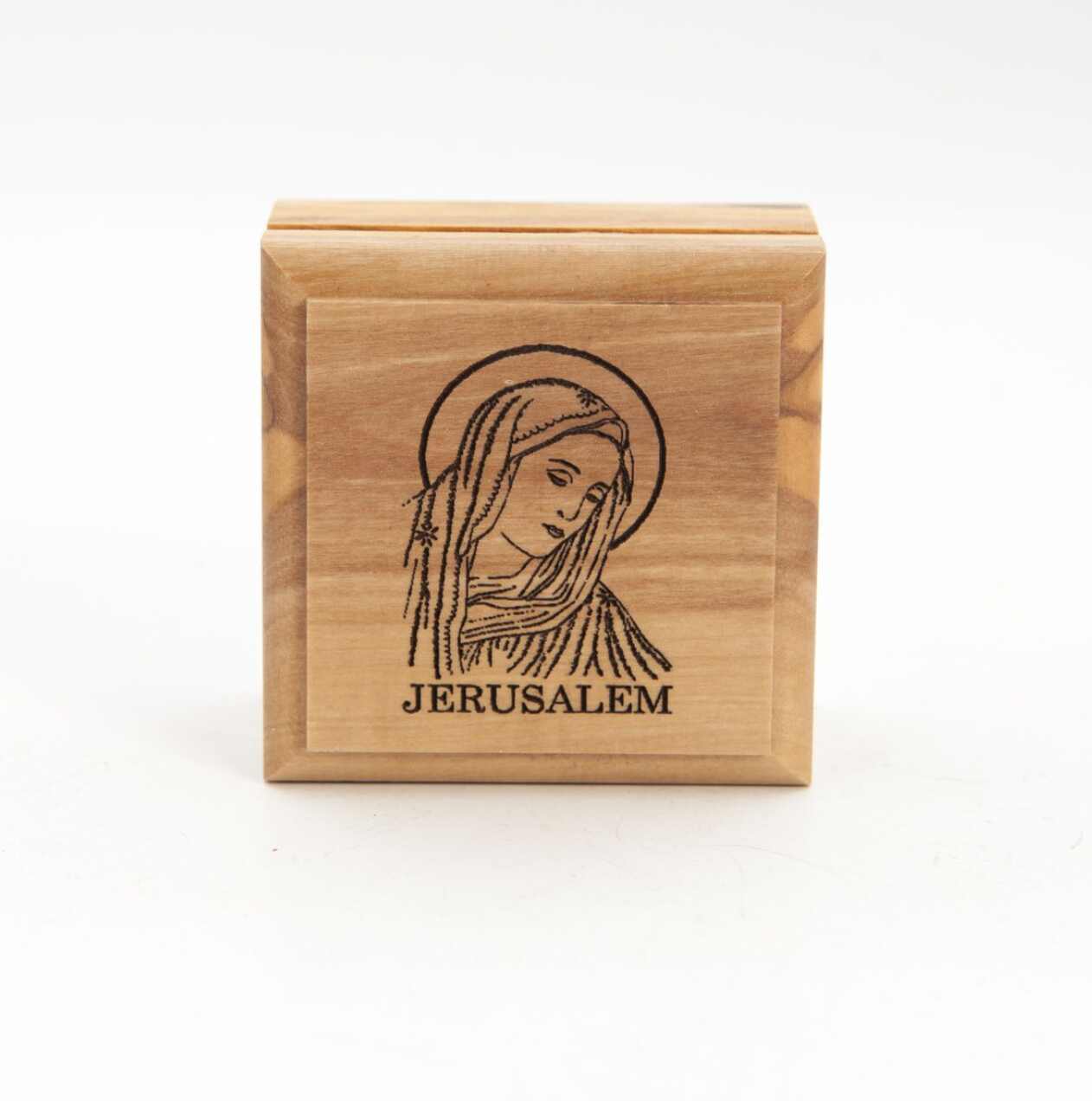 Virgin Mary Engraved Rosary or Ring Box Jerusalem Olive Wood