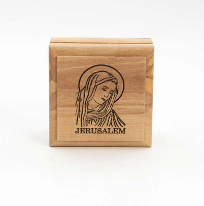Virgin Mary Engraved Rosary or Ring Box Jerusalem Olive Wood