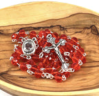 Rosary, Ruby Red Crystal Beads, 19.2", Metal Chain, Bethlehem Handmade