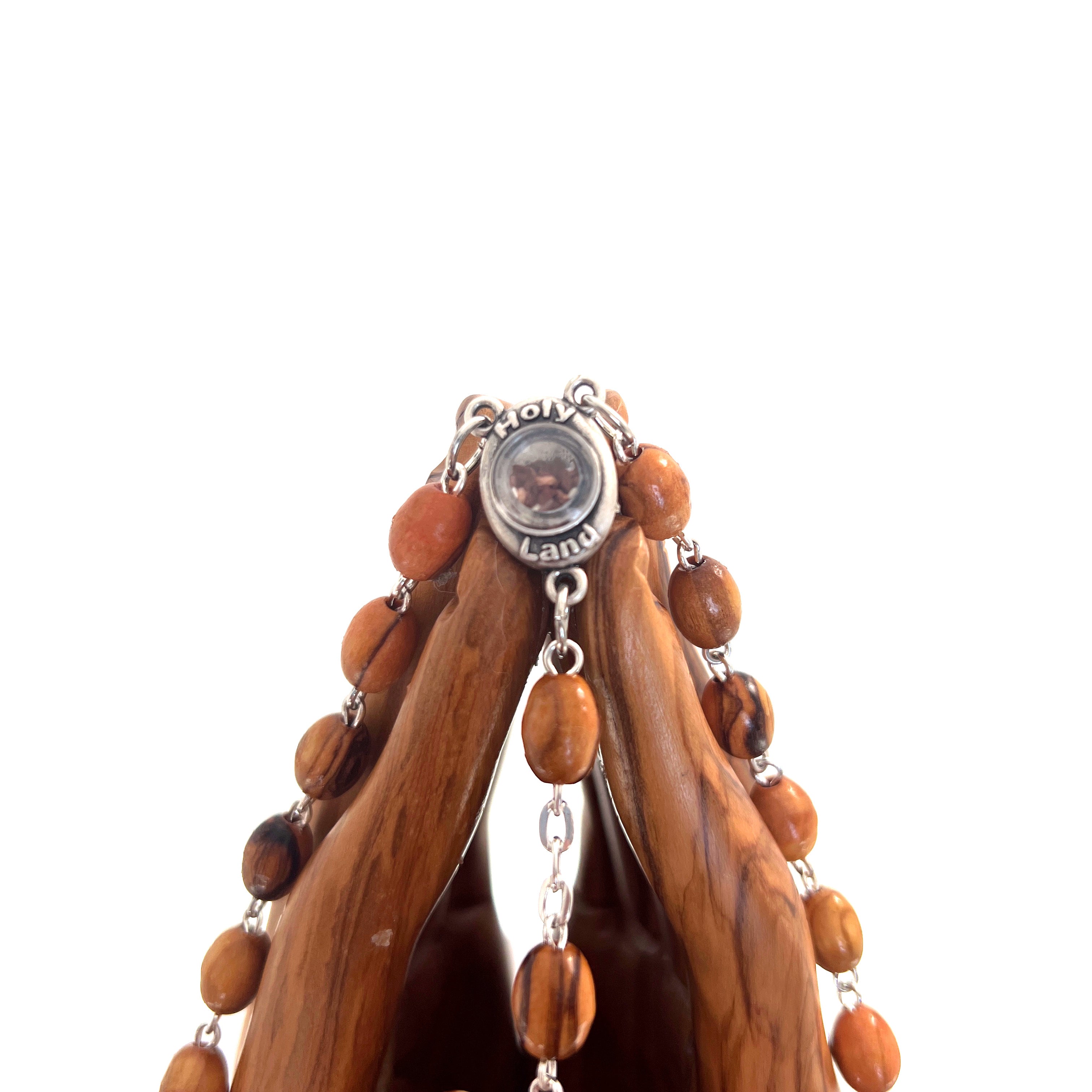 Rosary, Smooth Oval Beads, 16.5", Holy Land Olive Wood, Silver and Gold Plated Crucifix