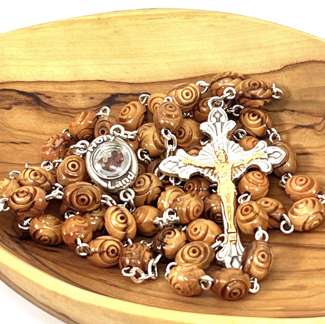 Rosary, Oval Grooved Beads, 22.4", Holy Lane Olive Wood, 2.5" Crucifix