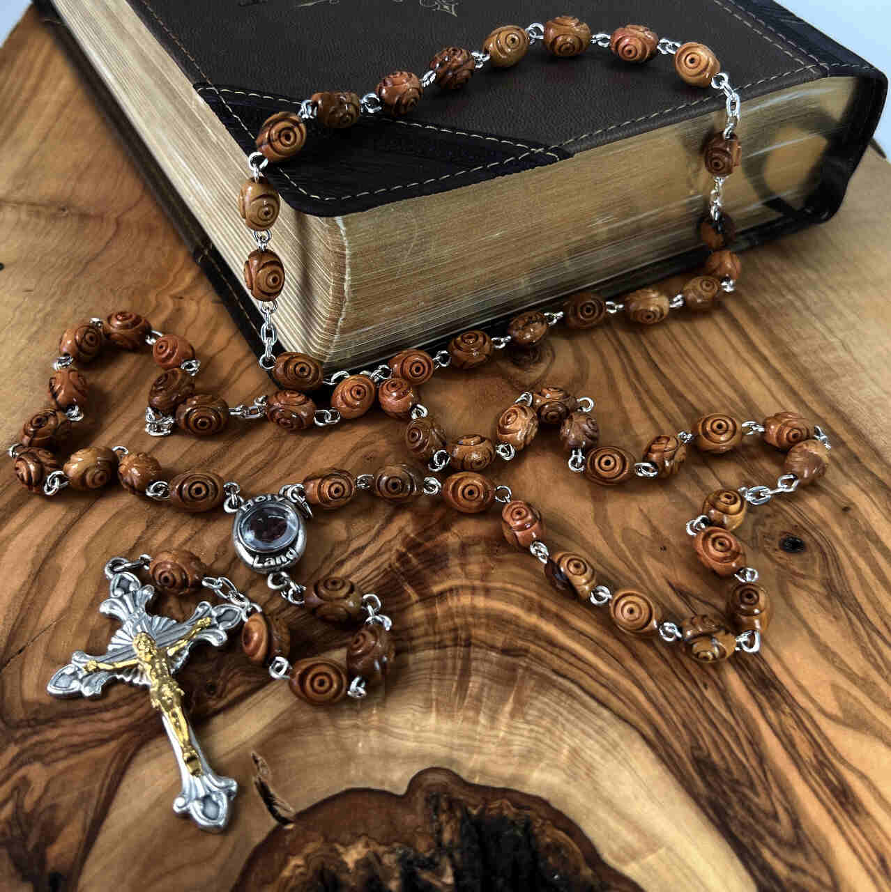 Rosary, Oval Grooved Beads, 22.4", Holy Lane Olive Wood, 2.5" Crucifix