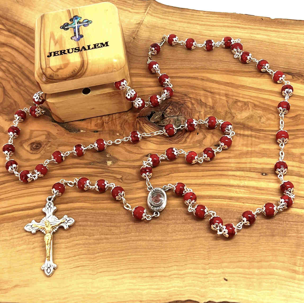 Rosary, Red Stone Beads, 22.4", Metal Chain, Bethlehem Handmade