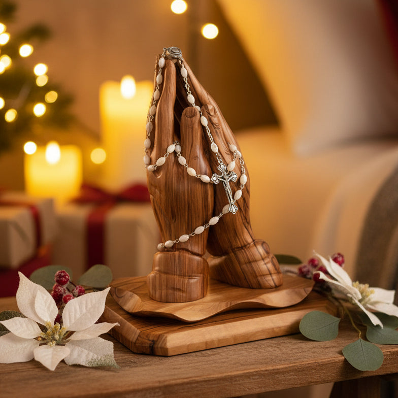 Rosary, White Pearl Oval Gemstone Beads, 23.6", Metal Chain, Bethlehem Handmade