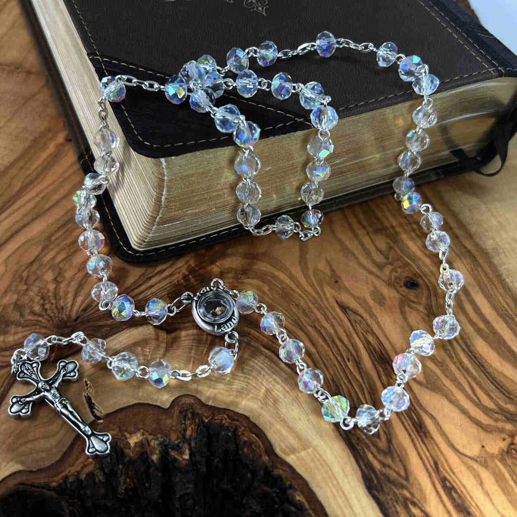 Rosary, Clear Crystal Beads, 18.5", Metal Chain, Bethlehem Handmade