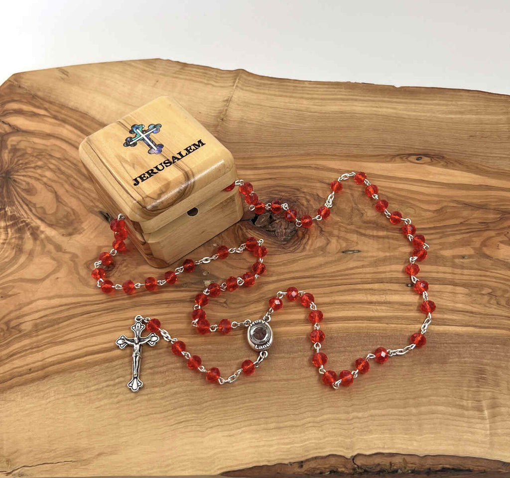 Rosary, Ruby Red Crystal Beads, 19.2", Metal Chain, Bethlehem Handmade