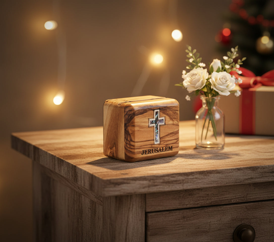 A rectangular olive wood rosary box with a cross engraved on the lid, featuring a magnetic snap closure.