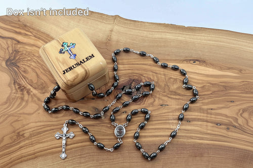 Olive wood rosary hand made in Bethlehem Holy Land, 20.9 inch front view of the olive wood masterpiece