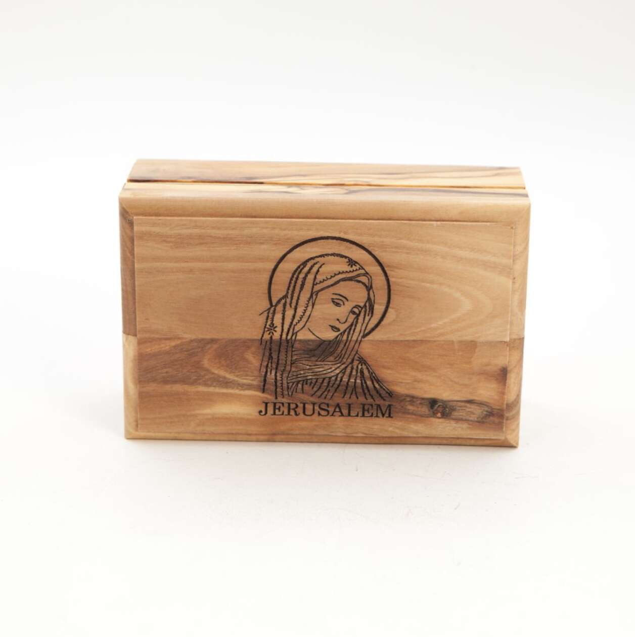 Virgin Mary Rosary or Ring Box (Jerusalem) Engraved Olive Wood from Holy Land