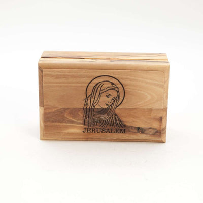 Virgin Mary Rosary or Ring Box (Jerusalem) Engraved Olive Wood from Holy Land