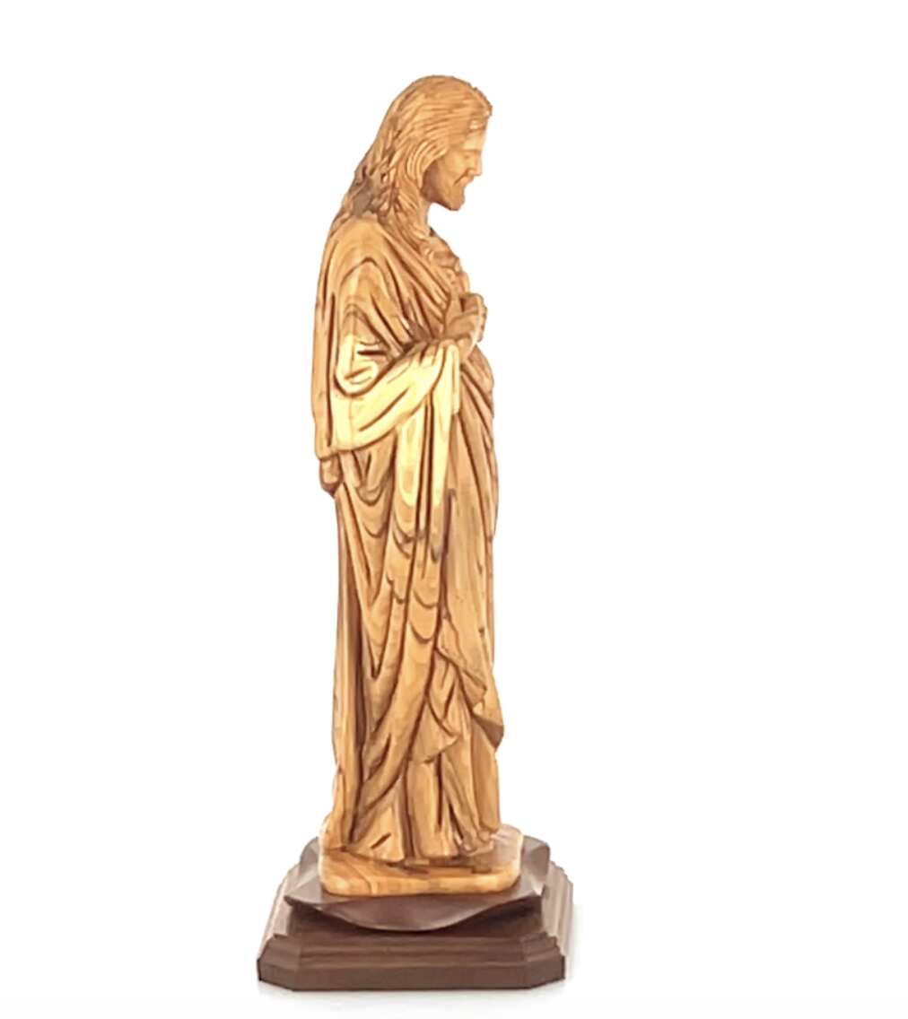 “Sacred Heart of Jesus” Sculpture, 16.1" Carved Olive Wooden Masterepiece