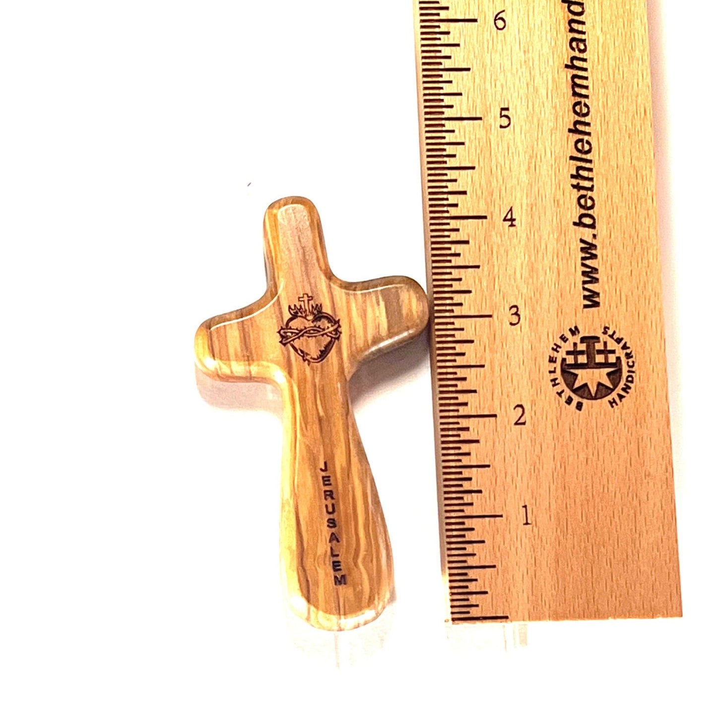 Comfort Cross with "Sacred Heart of Jesus", 4.3" Olive Wood from Holy Land