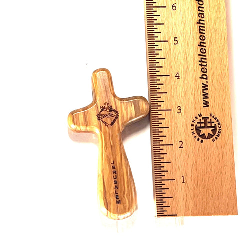 Sacred Heart olive wood pocket cross from Bethlehem, 4.3 inch front view of the olive wood masterpiece