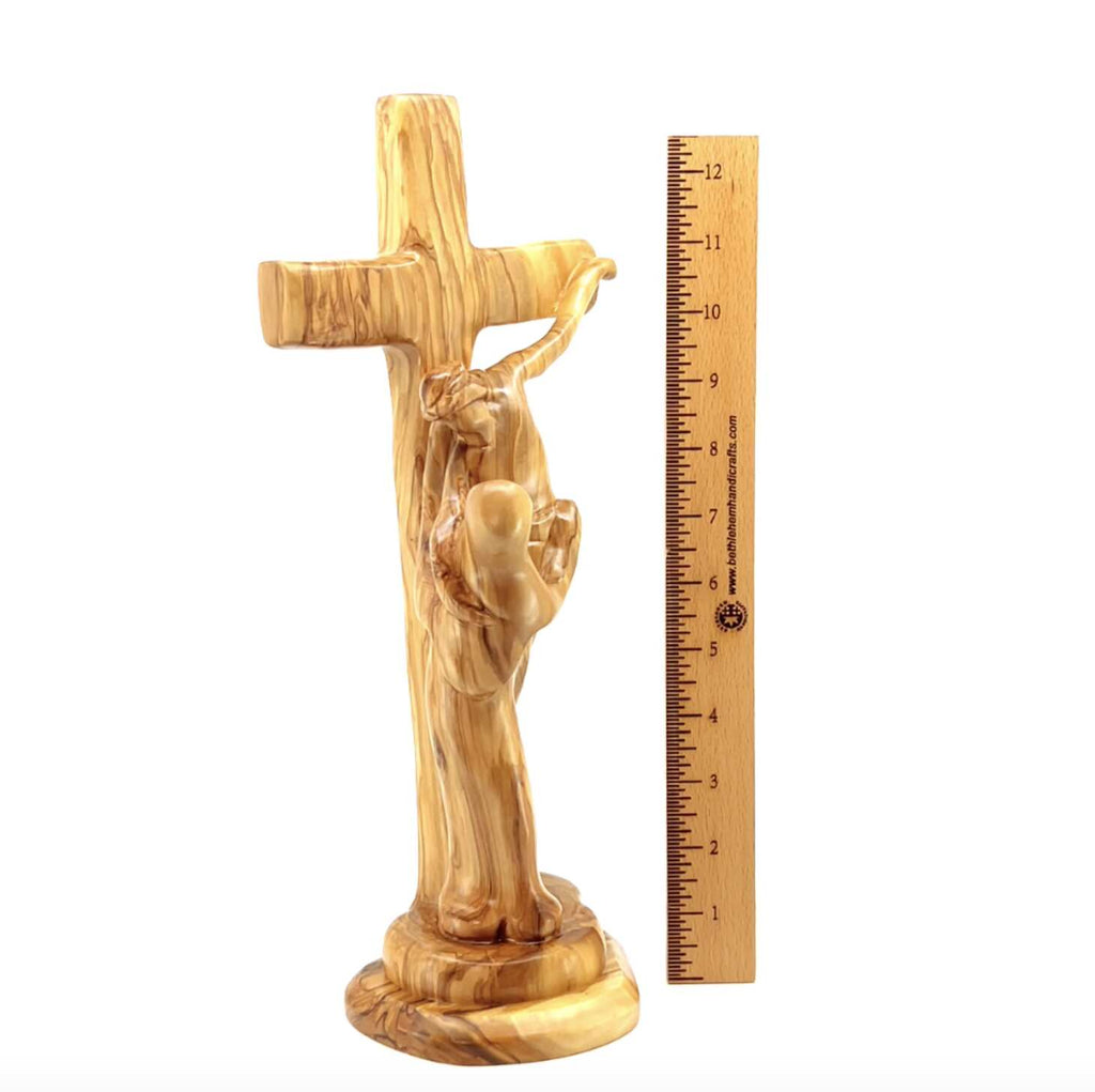 Jesus on Cross, Abstract 13" Carving, Made in Bethlehem from Holy Land Olive Wood