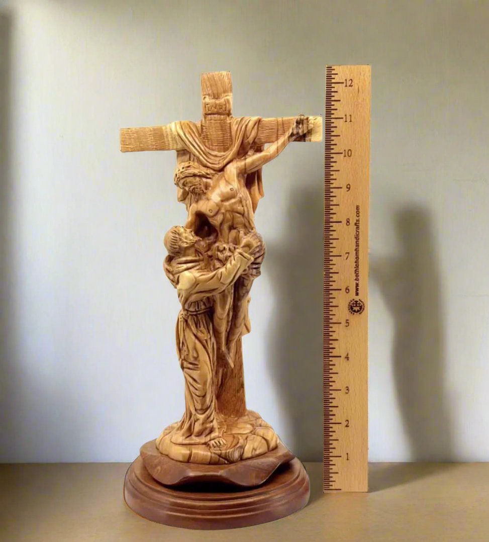 Jesus Christ olive wood wall cross from Bethlehem, 13.2 inch side angle of the olive wood sculpture