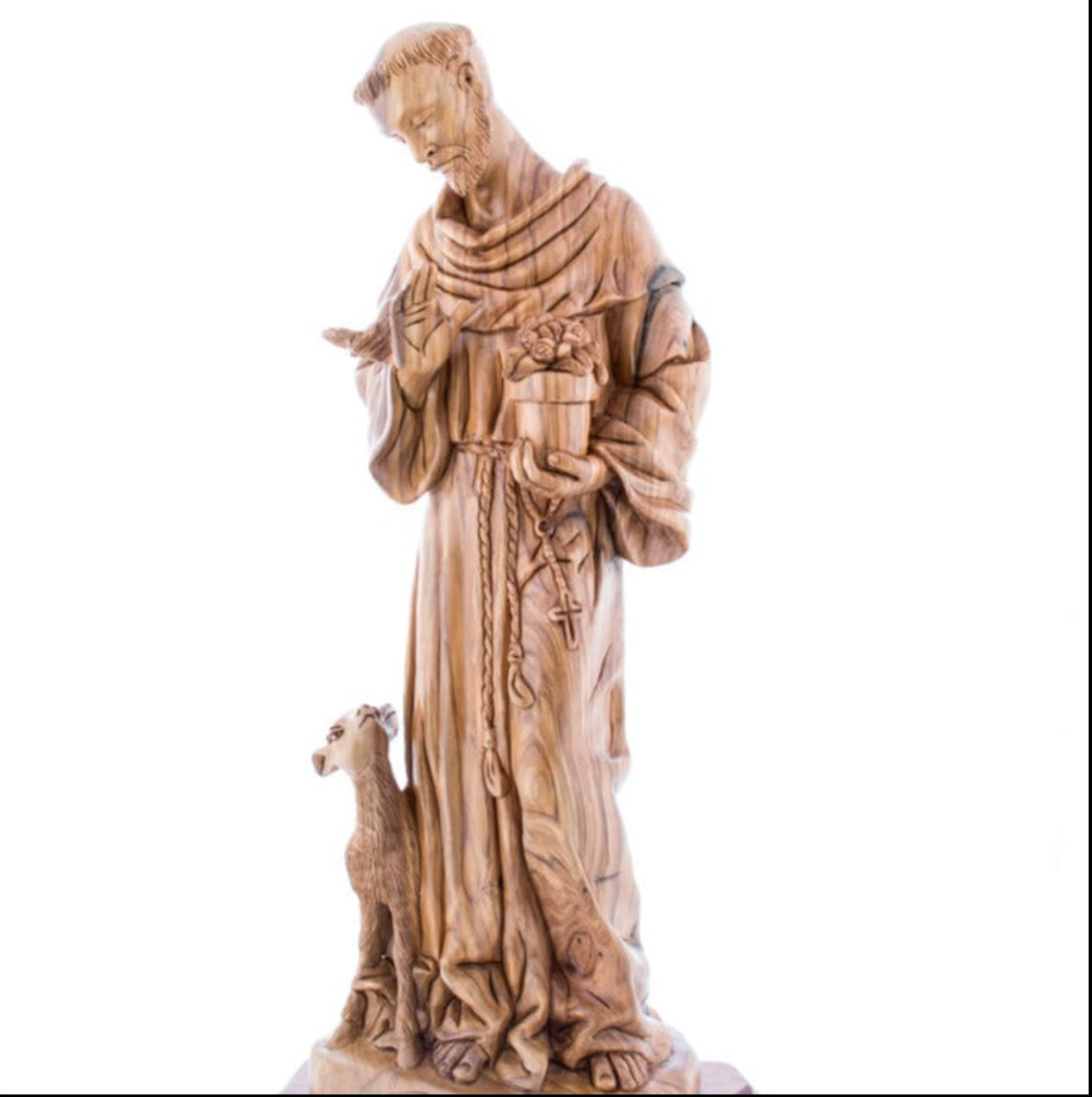 Saint Francis of Assisi with Bird on Hand, Standing next to a Young Deer, Tall Church Sculpture Biblical Inspired Hand Made Figurine, Cross Tied Around Waist 