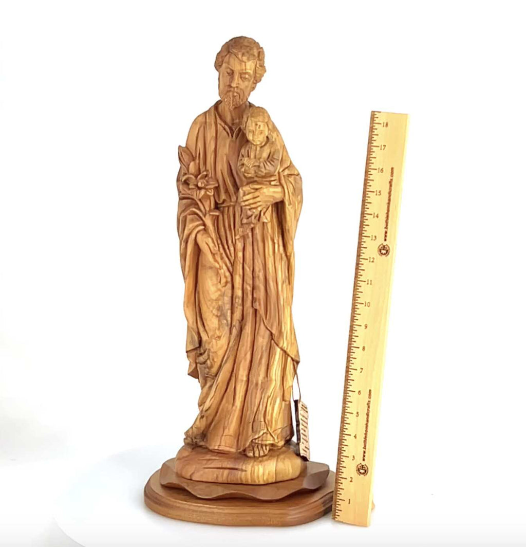 Jesus Christ statue hand carved from Bethlehem olive wood, 25.6 inch side angle of the olive wood sculpture
