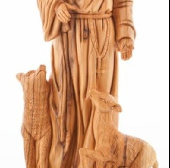 Fox and Deer Standing next to Saint Francis of Assisi, Patron of Animals Statue, Wooden Hand Made Art