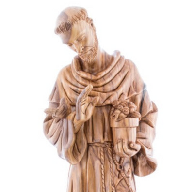 St Francis of Assisi Holding Flower Pot, Carved Masterpiece Sculpture Hand Carved by Christian Artisans from Olive Wood Grown in the Holy Land.