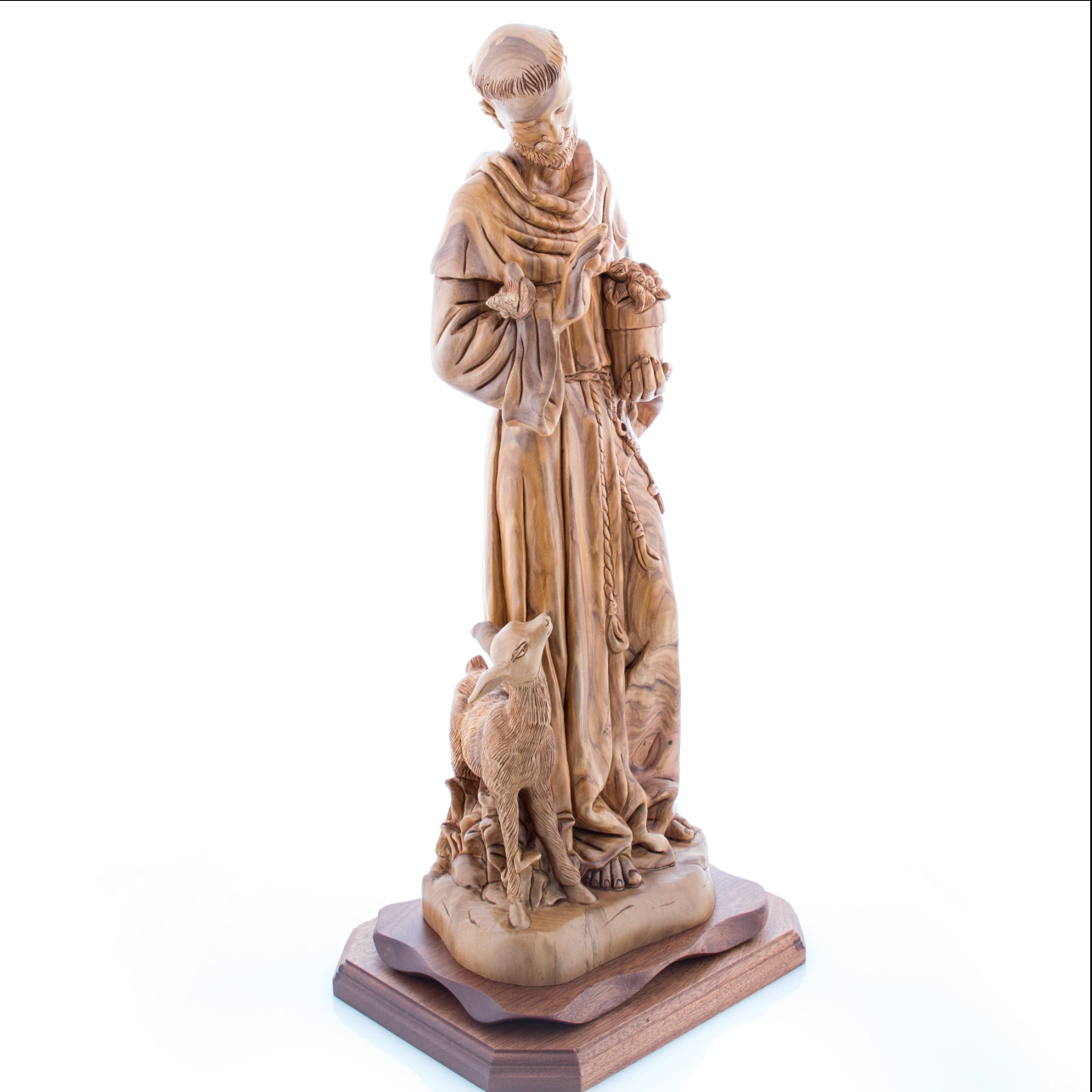 Saint Francis of Assisi Standing next to Deer Animal, Carved Masterpiece 21 Inch Tall Sculpture Hand Carved by Christian Artisans from Olive Wood Grown in the Holy Land