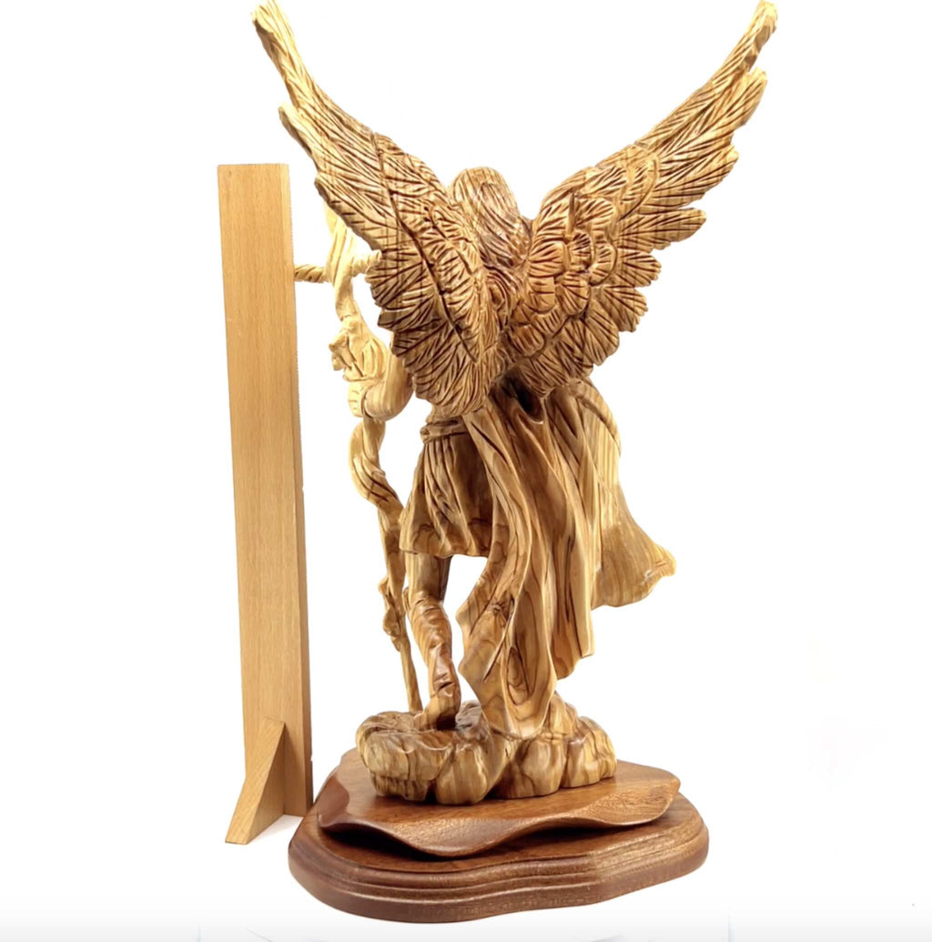 Angel olive wood statue hand carved in Bethlehem, 15 inch opposite side angle of the religious sculpture