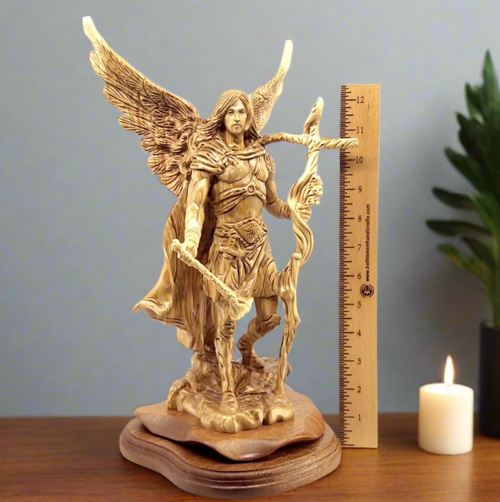 Angel olive wood statue hand carved in Bethlehem, 15 inch side angle of the olive wood sculpture