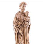 Saint Joesph Holding the Holy Child Jesus Christ and Lily Flower Carved Statue from Olive Wood with Natural Grain 