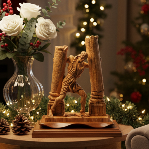 Samson Destroying Two Pillars of the Temple Wooden Carving, Hand Carved from Olive Wood with Mahogany Base, Masterpiece Sculpture from the Holy Land 