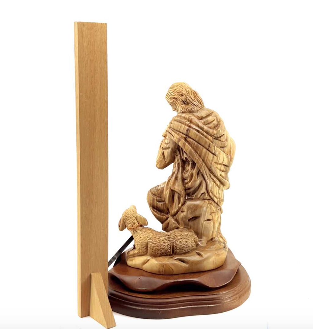 Good Shepherd statue hand carved from Bethlehem olive wood, 10.5 inch detail of the carved figure