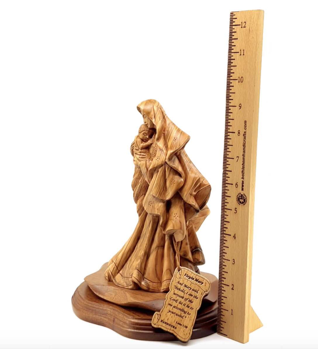 Virgin Mary olive wood statue from Bethlehem hand carved, 10 inch three quarter view of the religious piece