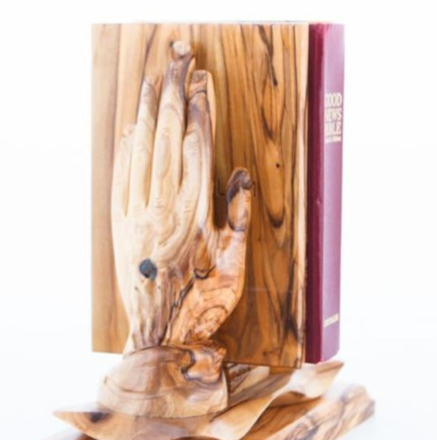 Sculpture of Book Holder Made from Carved Wooden Hands with Unique Wood Grain Pattern, with Bible