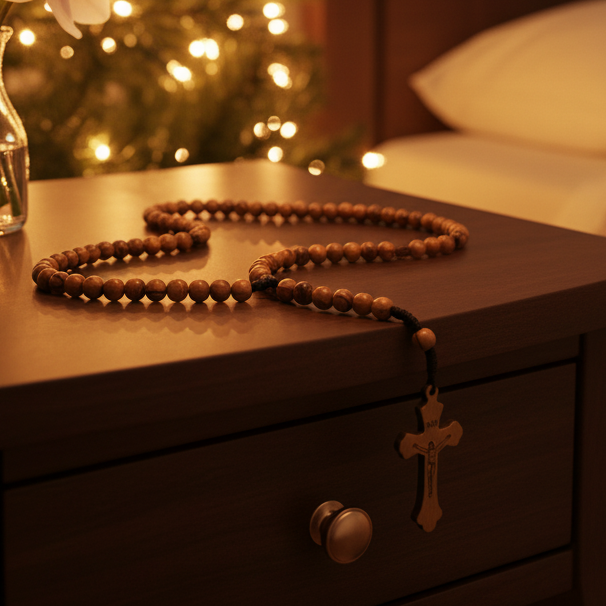 Olive wood rosary hand made in Bethlehem Holy Land, front view of the olive wood masterpiece