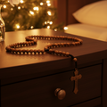 Olive wood rosary hand made in Bethlehem Holy Land, front view of the olive wood masterpiece