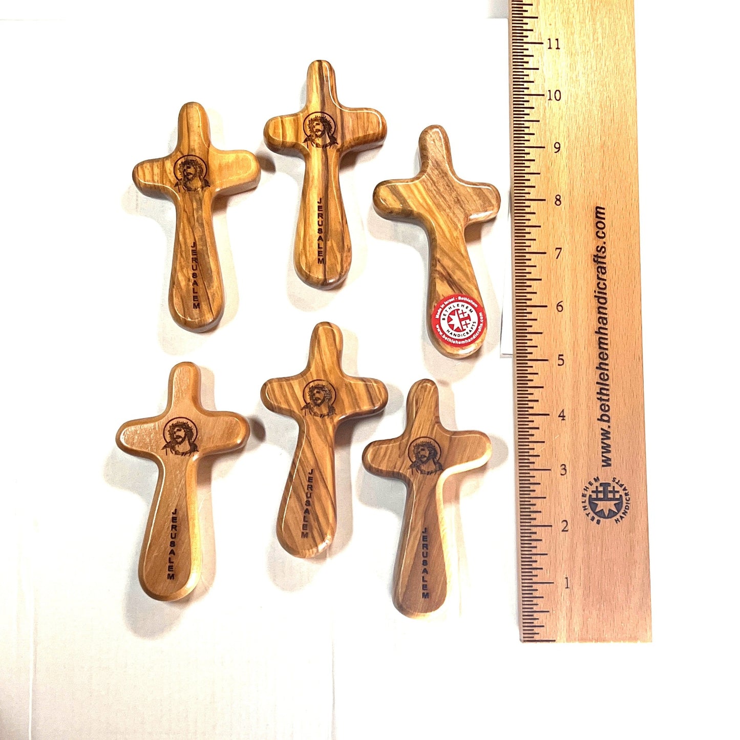 Comfort Cross with "Jesus Crown of Thorns", 4.3" ( Set of 6 ) Olive Wood from Holy Land