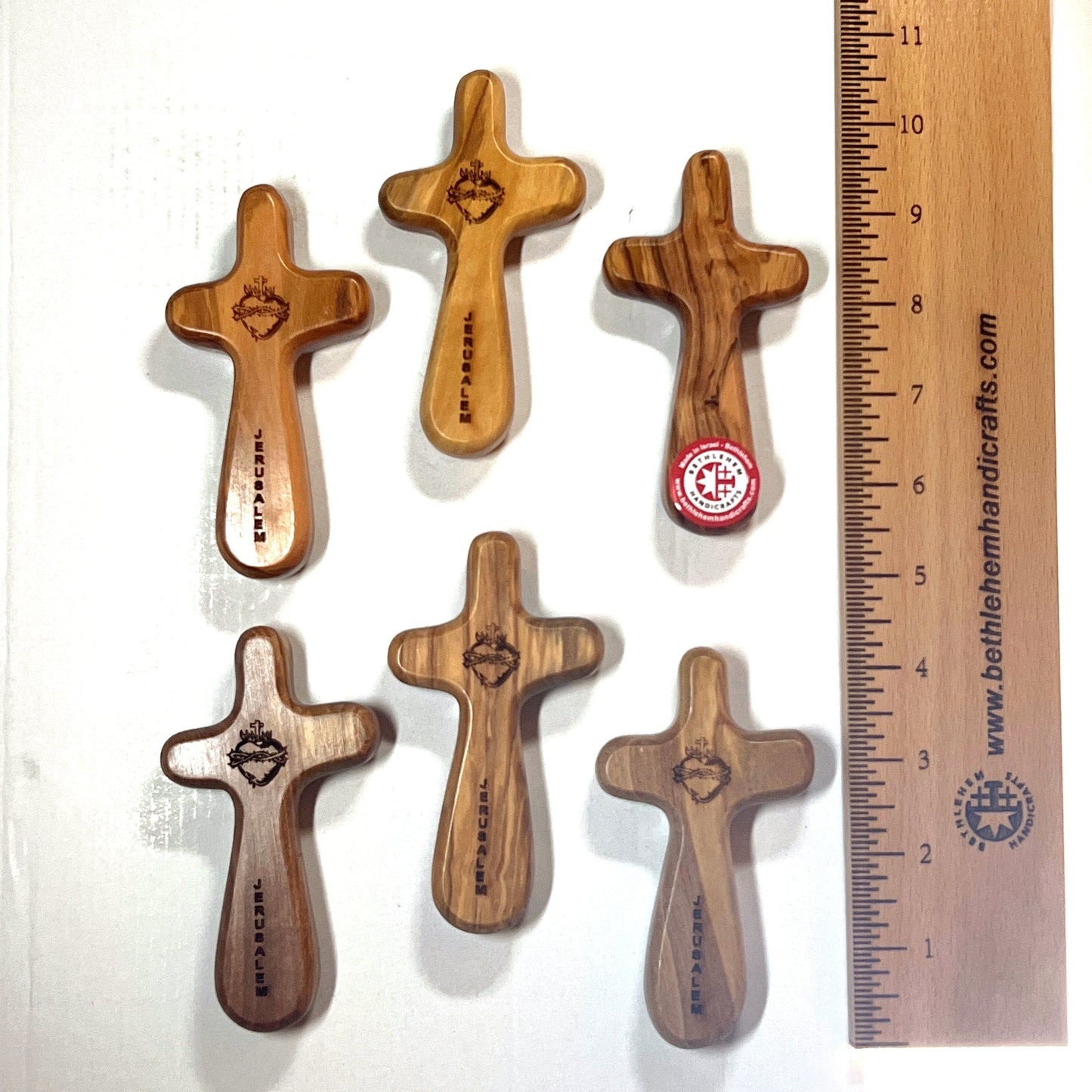 Comfort Cross with "Sacred Heart of Jesus", 4.3" ( Set of 6 ) Olive Wood from Holy Land