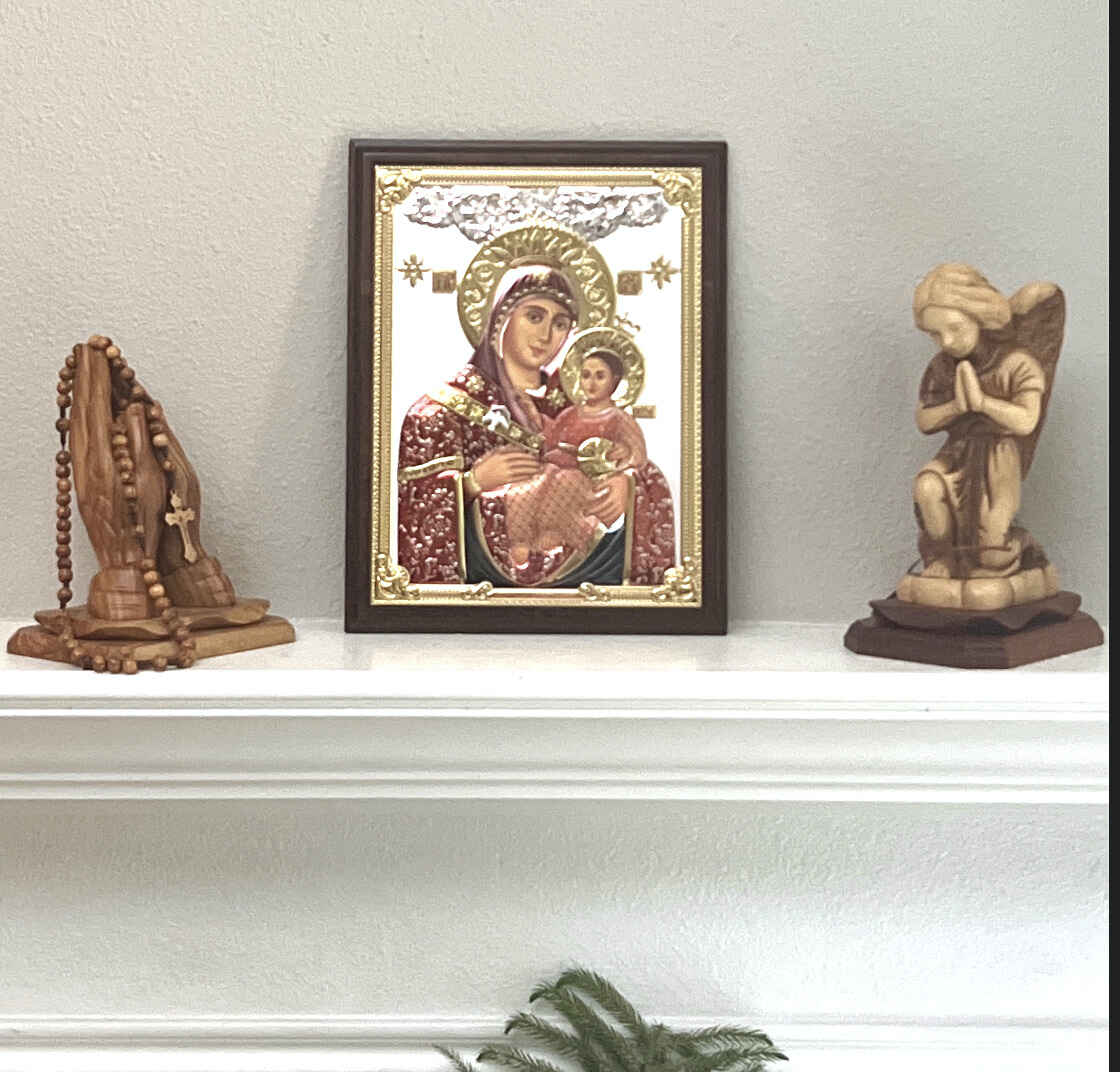 Virgin Mary Holding Child Jesus , Silver Plated Icon, Wall Hanging with Wooden Frame