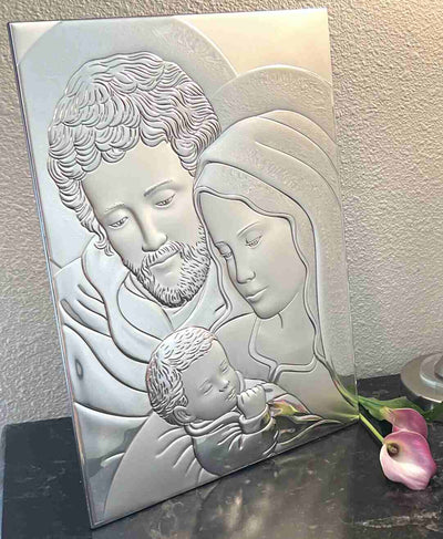Holy Family with Baby Jesus Christ Silver Icon Standing or Wall Hanging Christian Art