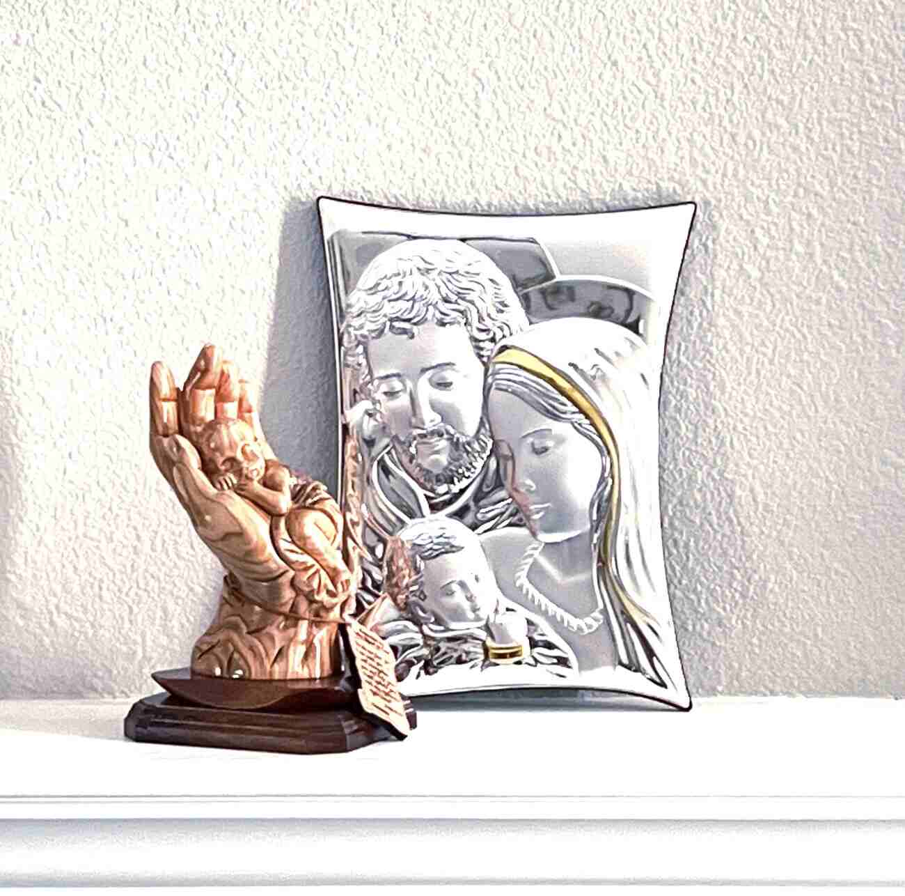 Holy Family Christian icon hand made in Bethlehem, detail of the carved figure