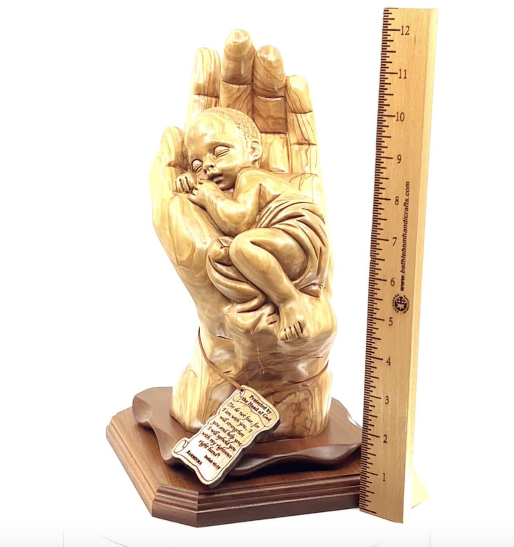 religious olive wood statue hand carved in Bethlehem, 12.4 inch side angle of the olive wood sculpture