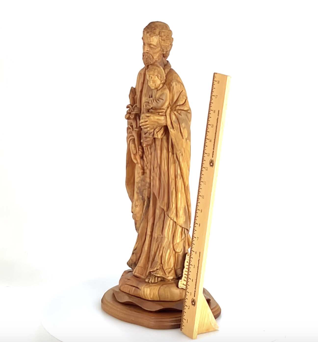 Jesus Christ statue hand carved from Bethlehem olive wood, 25.6 inch three quarter view of the religious piece