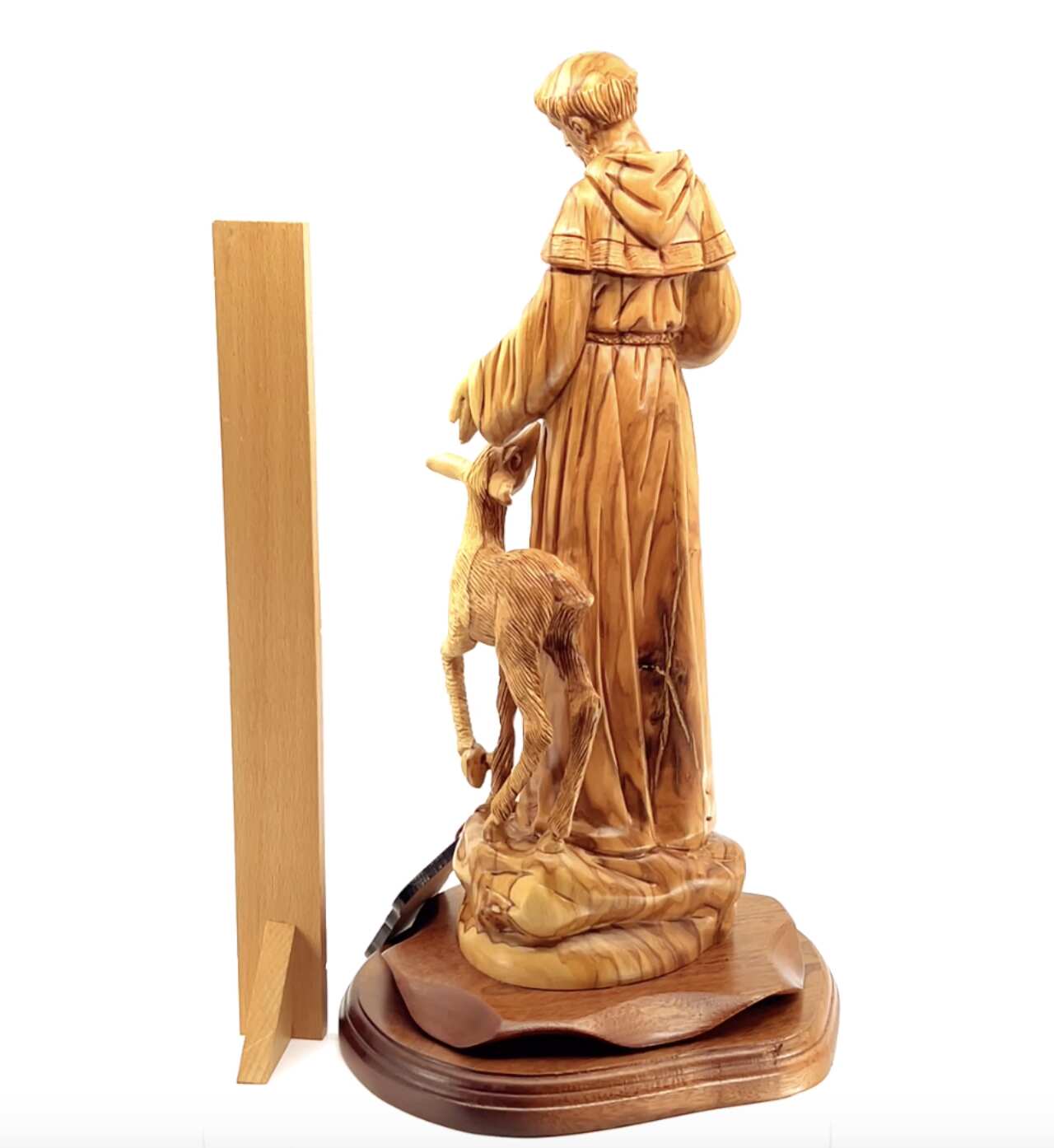 St. Frances Assisi with Deer Masterpiece, 15.4" Wood Carving from Holy Land Olive Wood