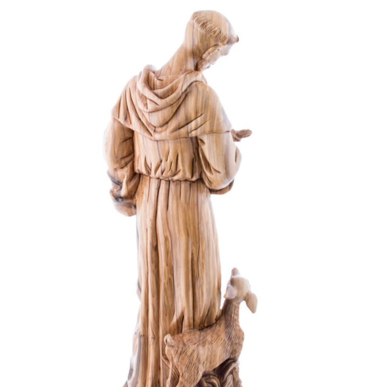 Wooden Statue of Saint Francis of Assisi Standing next Deer Tall Sculpture Hand Made Carving Figurine for Church 