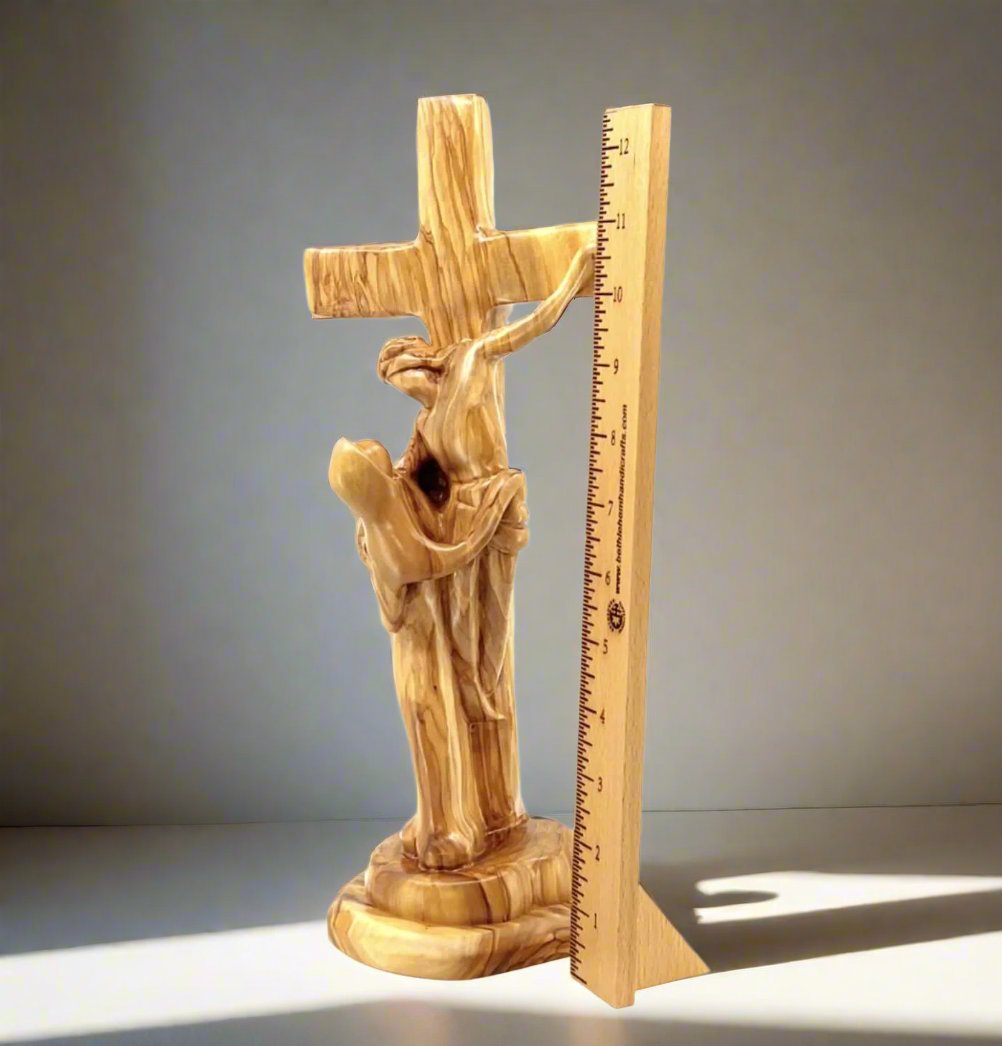Jesus on Cross, Abstract 13" Carving, Made in Bethlehem from Holy Land Olive Wood