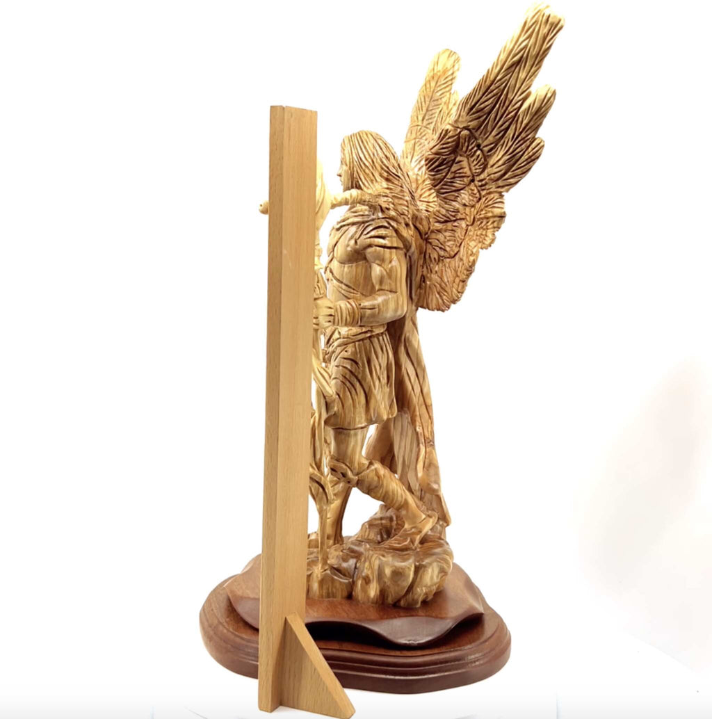 Angel olive wood statue hand carved in Bethlehem, 15 inch close up showing the olive wood grain