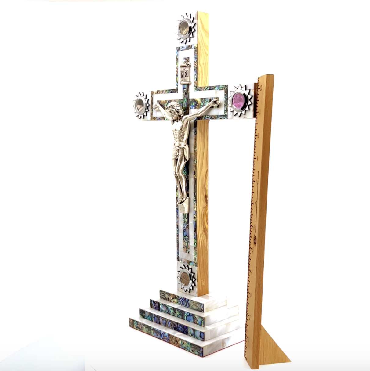 Standing Crucifix, 13.5" with 2.5" Base, Holy Land Olive Wood and Mother of Pearl, with 5 souvenirs