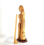 Olive wood nativity scene hand carved in Bethlehem, 23.3 inch three quarter view of the religious piece