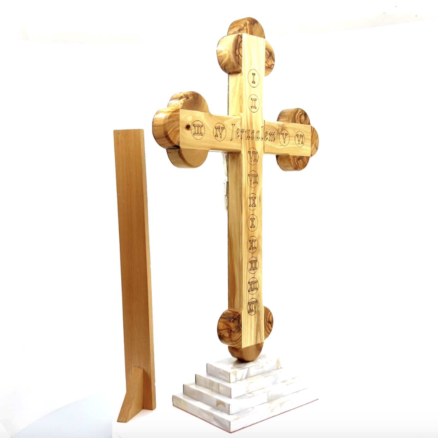 Standing Crucifix, 15.5" with 2.5" Base, Budded, Holy Land Olive Wood and Mother of Pearl with 5 souvenirs