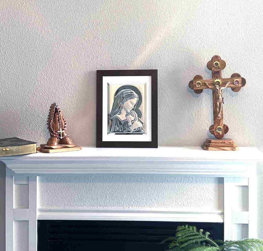 Virgin Mary Holding Holy Baby Jesus Christ Silver Plated Icon Wood Frame,