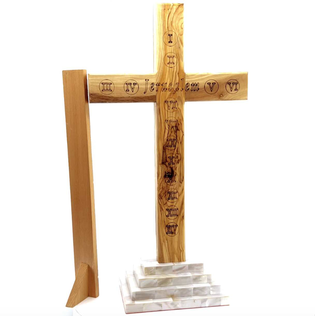 Standing Crucifix, 13.5" with 2.5" Base, Holy Land Olive Wood and Mother of Pearl, with 5 souvenirs