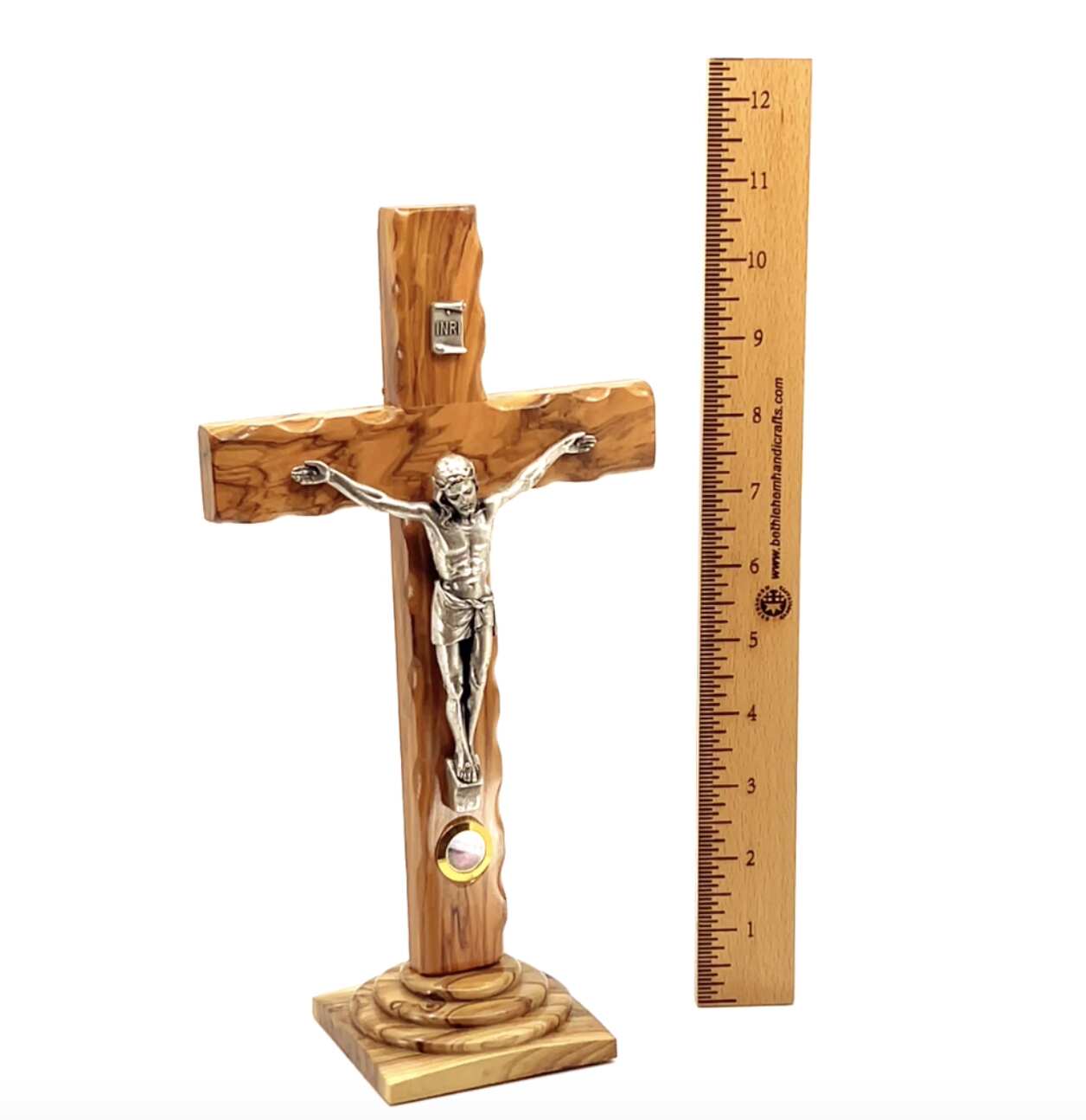 11" Standing Crucifix Wooden Cross with Incense, Hand Made from Holy Land Olive ( Medium)